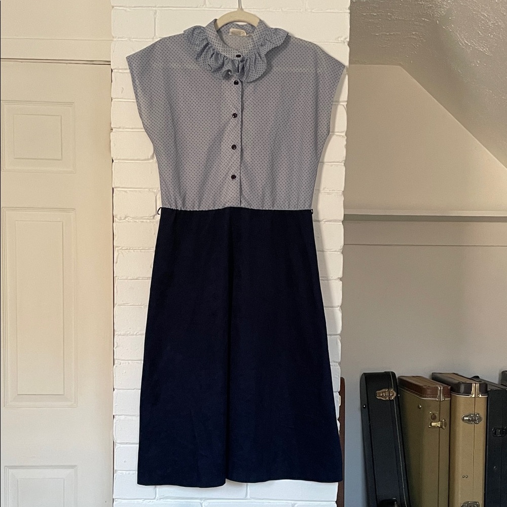 Vintage Blue Mini Polka Dot Dress with Ruffled Collar